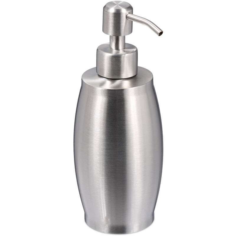 foto del prodotto dispenser di sapone liquido manuale, 350 ml, portasapone ricaricabile, accessorio bagno e cucina, argentato relaxdays