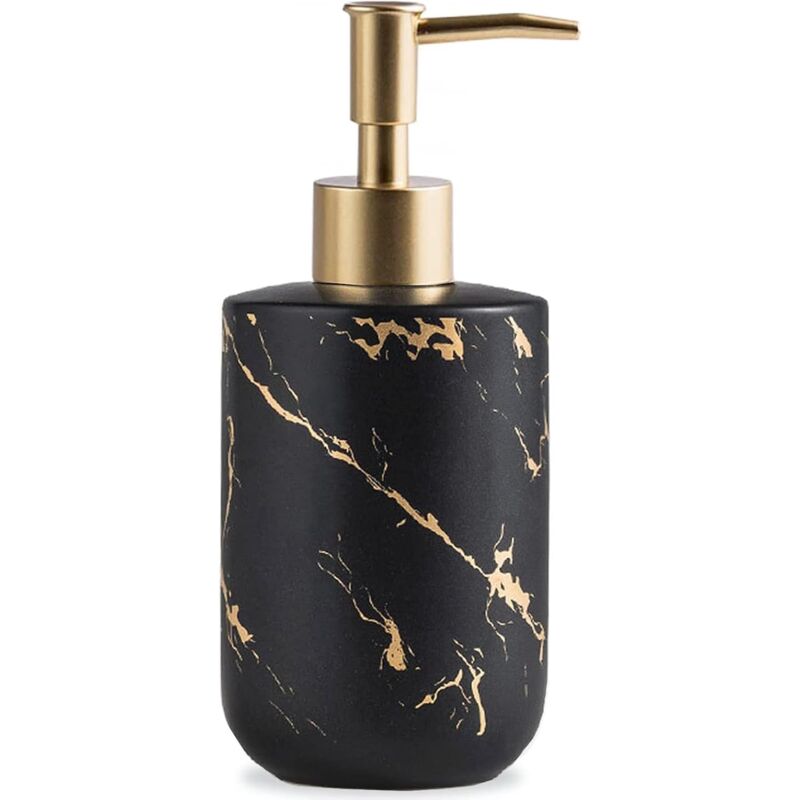 foto del prodotto dispenser di sapone nero e oro, flacone di sapone per le mani di lusso da 300 ml 10 oz con pompa in plastica dorata, dispenser di sapone liquido in