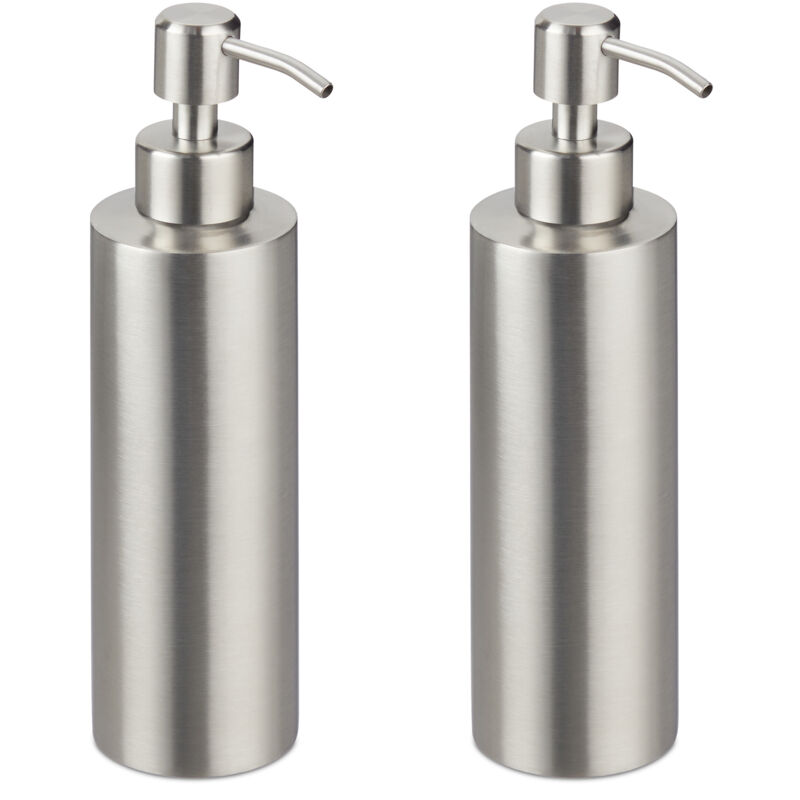 foto del prodotto dispenser di sapone, set da 2, 300 ml cad., dosatore ricaricabile manuale per bagno e cucina, argentato relaxdays
