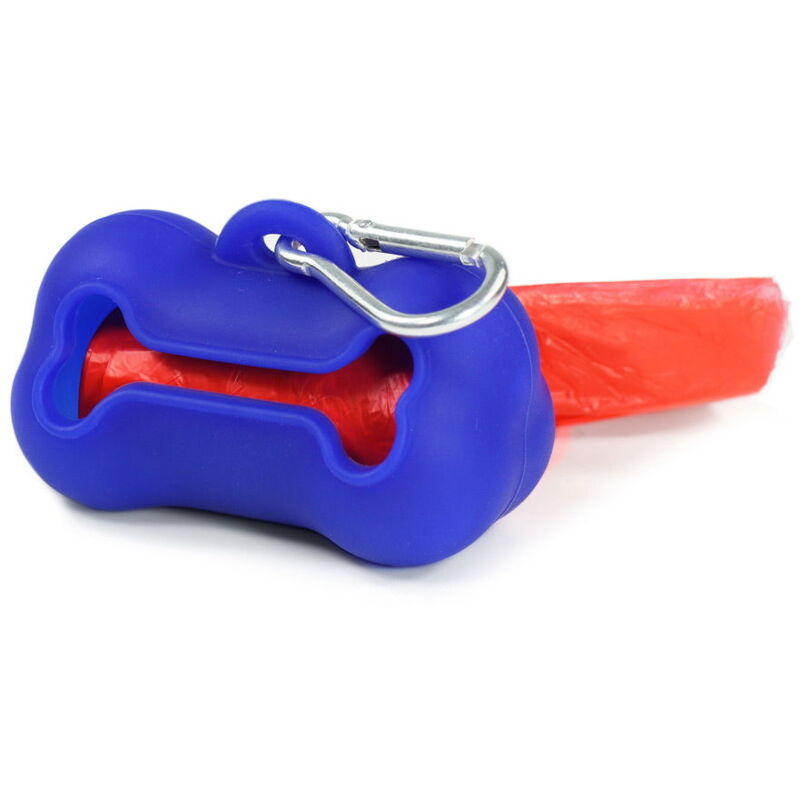 foto del prodotto dispenser in silicone a forma di osso blu con rotolo per cani