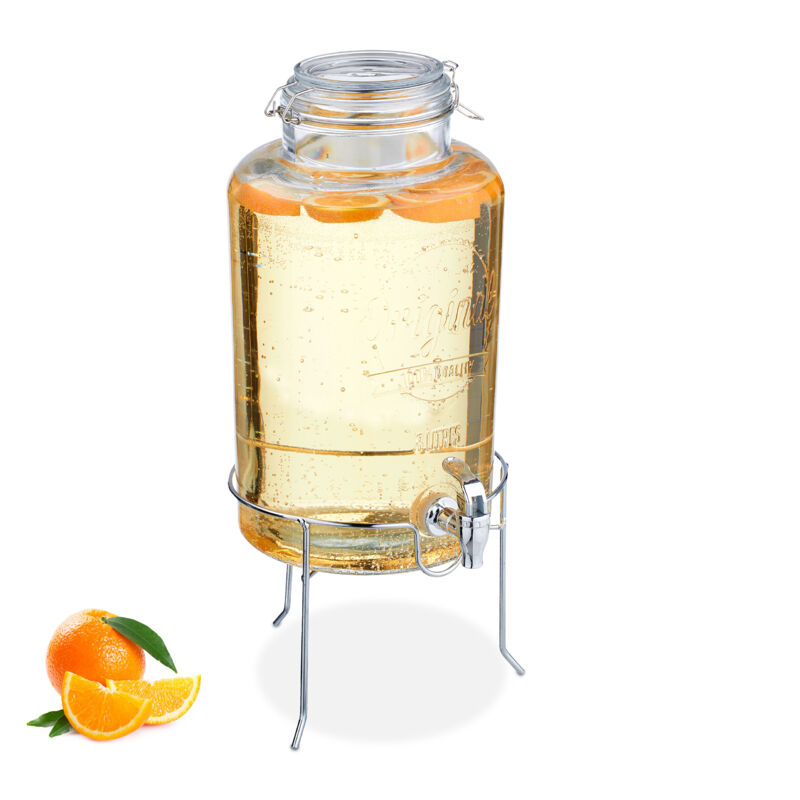 foto del prodotto dispenser in vetro per bevande, erogatore 8 l rubinetto, coperchio e rialzo, distribuitore acqua e limonata relaxdays