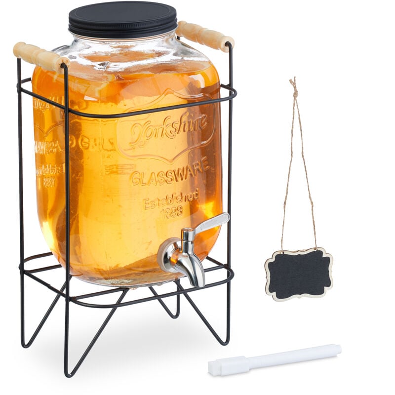 foto del prodotto dispenser in vetro per bevande, erogatore con rubinetto in acciaio inox 5 l, distribuitore acqua e limonate relaxdays
