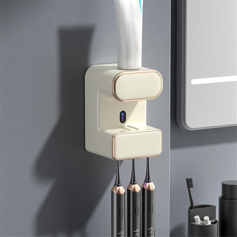 foto del prodotto dispenser intelligente per dentifricio, dispenser automatico a parete per dentifricio, portaspazzolino ricaricabile, portaspazzolino da bagno per