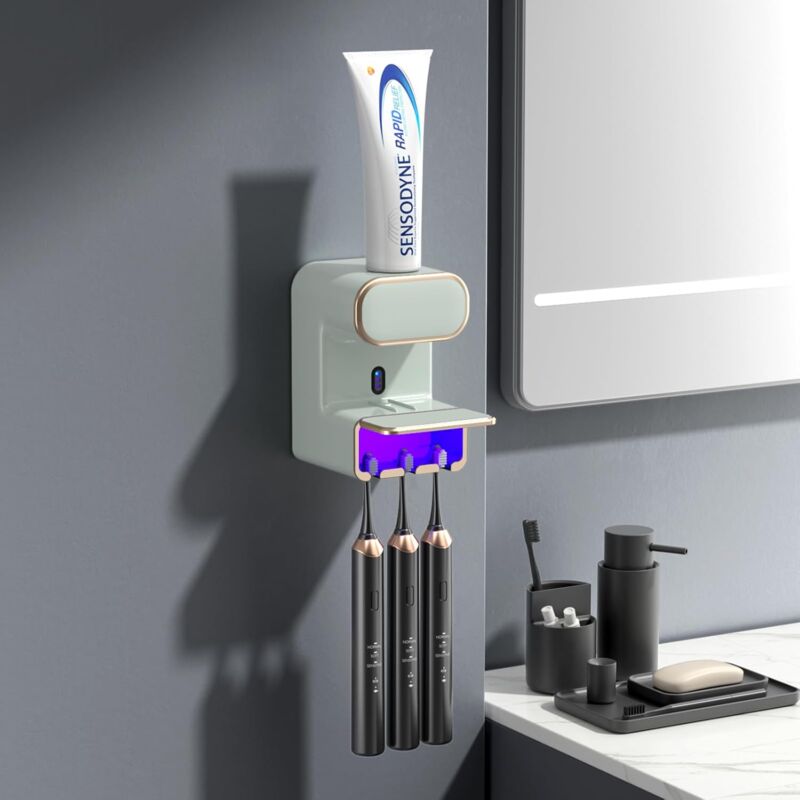 foto del prodotto dispenser intelligente per dentifricio, dispenser automatico per dentifricio a parete, portaspazzolino ricaricabile, portaspazzolino da bagno per