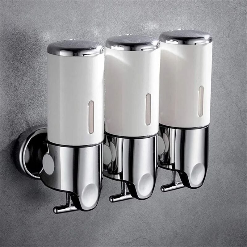 foto del prodotto dispenser manuale di sapone, montaggio a parete triplo, senza foratura, dispenser per shampoo, bagnoschiuma e balsamo, bianco