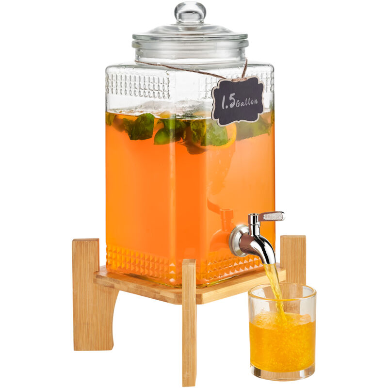 foto del prodotto dispenser per bevande di vetro, dispenser per bevande da 5,5 litri per feste, con supporto, rubinetto acciaio inossidabile, dispenser per acqua per