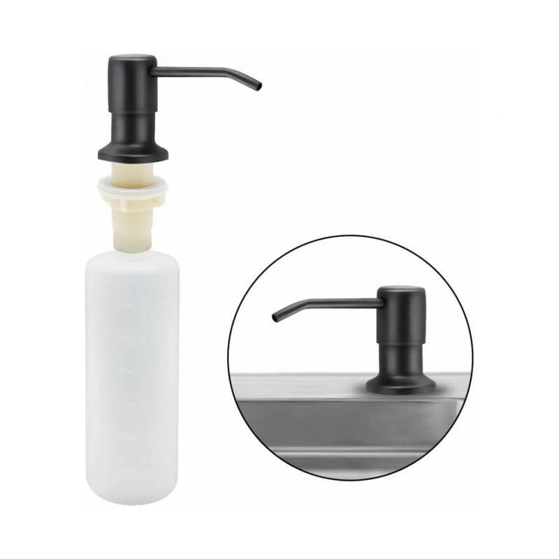 foto del prodotto dispenser per detersivo da cucina incorporato in acciaio inossidabile 350ml, dispenser di sapone ricaricabile con pompa rotante a 360 nero opaco 