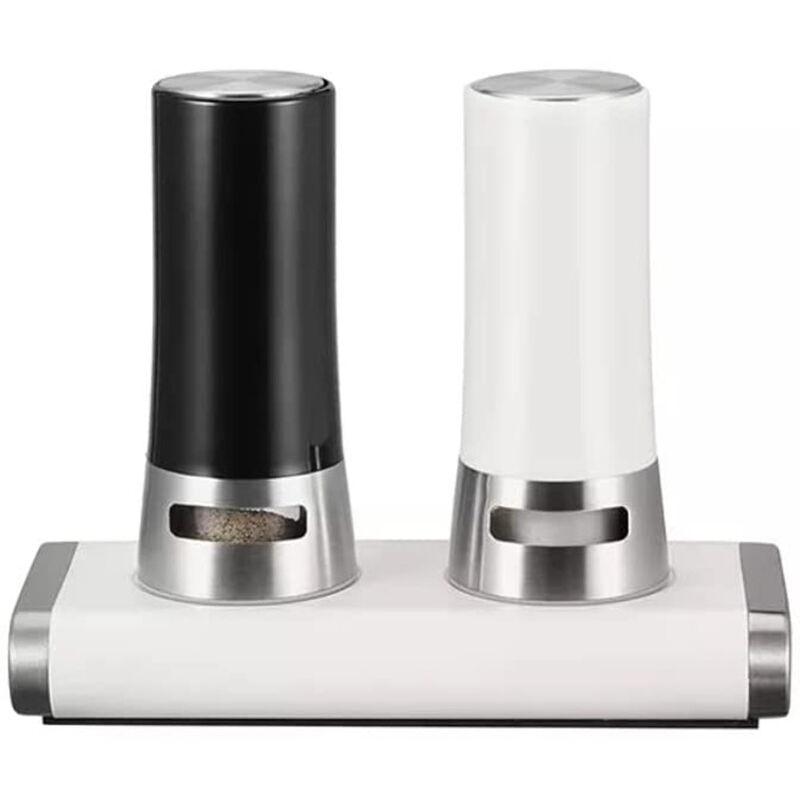 foto del prodotto dispenser per sale e pepe 2 pezzi barattolini con supporto magnetico per evitare fuoriuscite contenitori bianco e nero