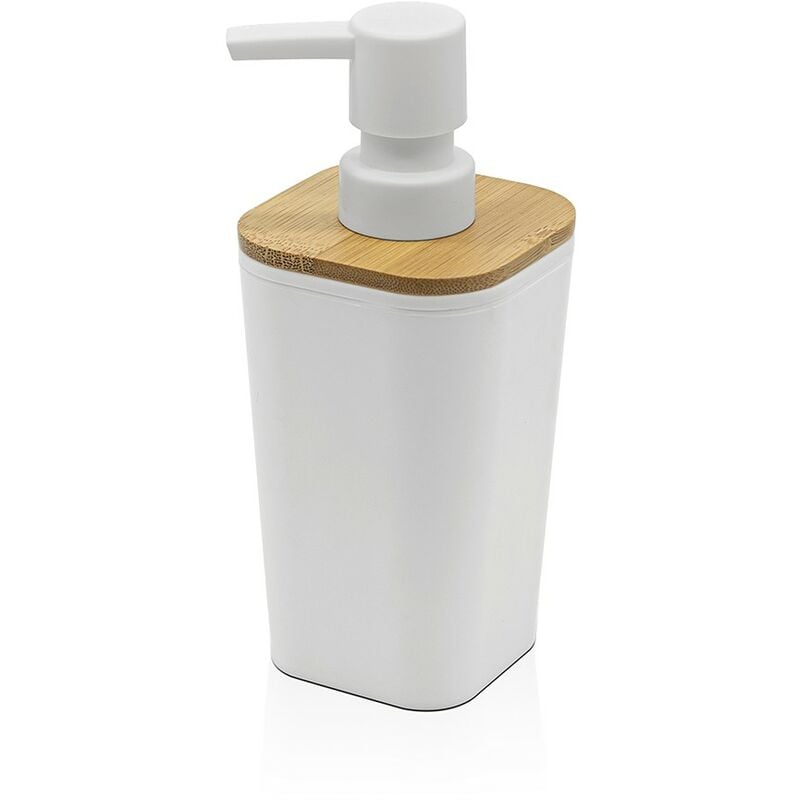 foto del prodotto dispenser sapone in finitura bianca opaca con dettagli in bamb 