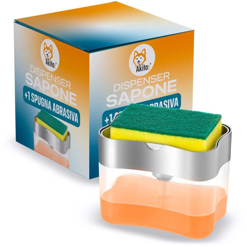 foto del prodotto dispenser sapone liquido e portaspugna akitaink con spugna abrasiva in omaggio