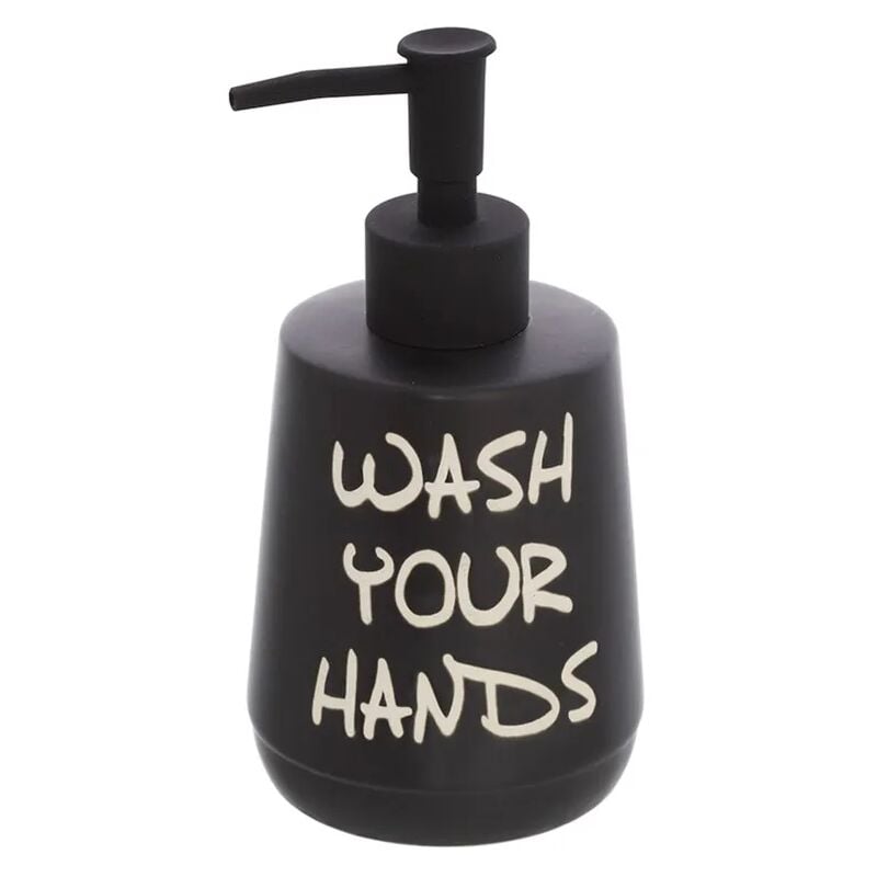 foto del prodotto dispenser sapone liquido linea wash in ceramica nero opaco con scritte