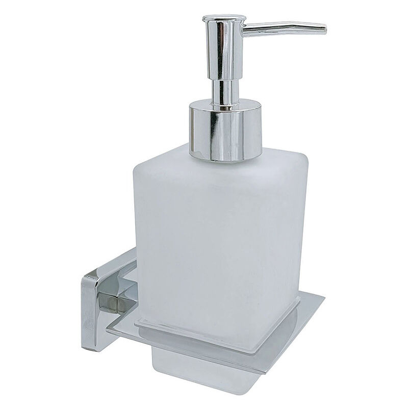 foto del prodotto dispenser sapone moderno da muro in acciaio lucido e vetro satinato16 cm fissaggio con viti accessori arredo bagno