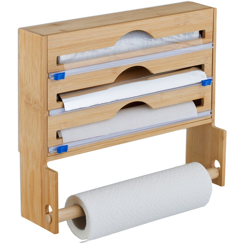 foto del prodotto dispenser taglia pellicola con portarotolo da cucina, carta forno e alluminio, hlp 31x36x10 cm, bamb naturale relaxdays