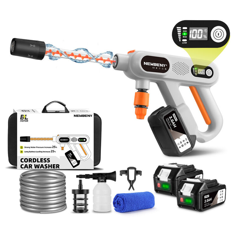 foto del prodotto display digitale idropulitrice a batteria 115 bar, 3 velocità, bocchetta multifunzione 5 in 1, idropulitrice portatile, con 2 batterie accessori