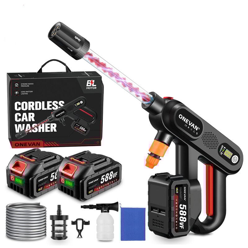 foto del prodotto display digitale idropulitrice a batteria 115 bar, 3 velocità, bocchetta multifunzione 5 in 1, idropulitrice portatile, con 2 batterie e accessori