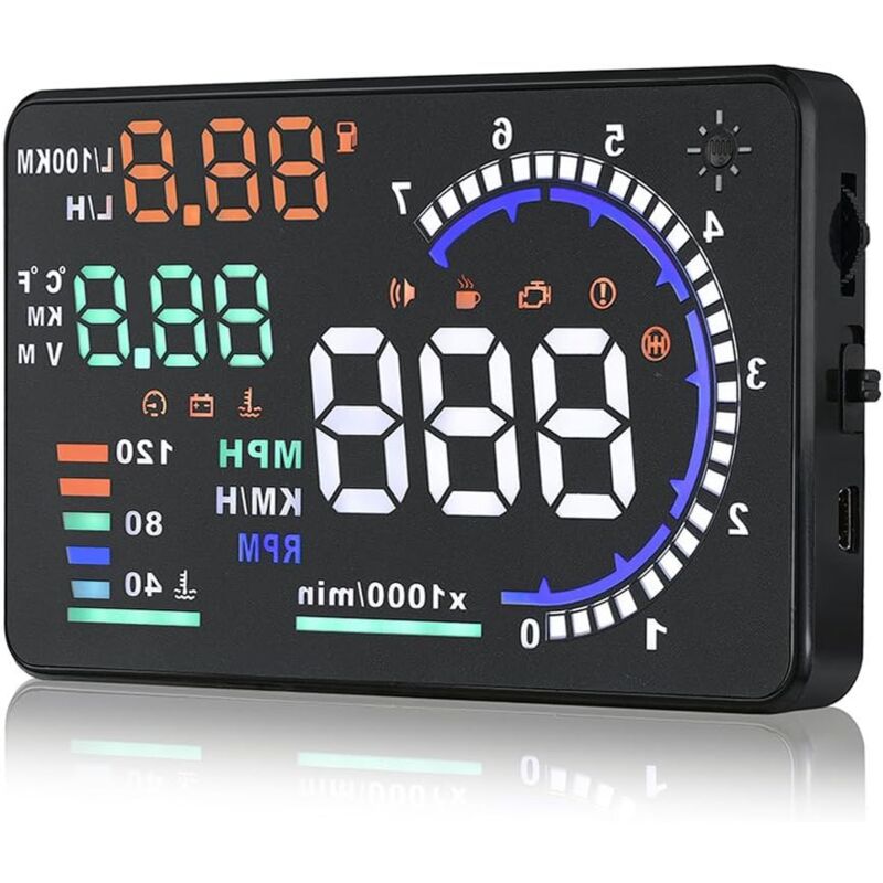 foto del prodotto display hud head up obd2 a8 da 5,5 pollici con avviso di velocit dell auto, consumo di carburante, temperatura, rpm e mph