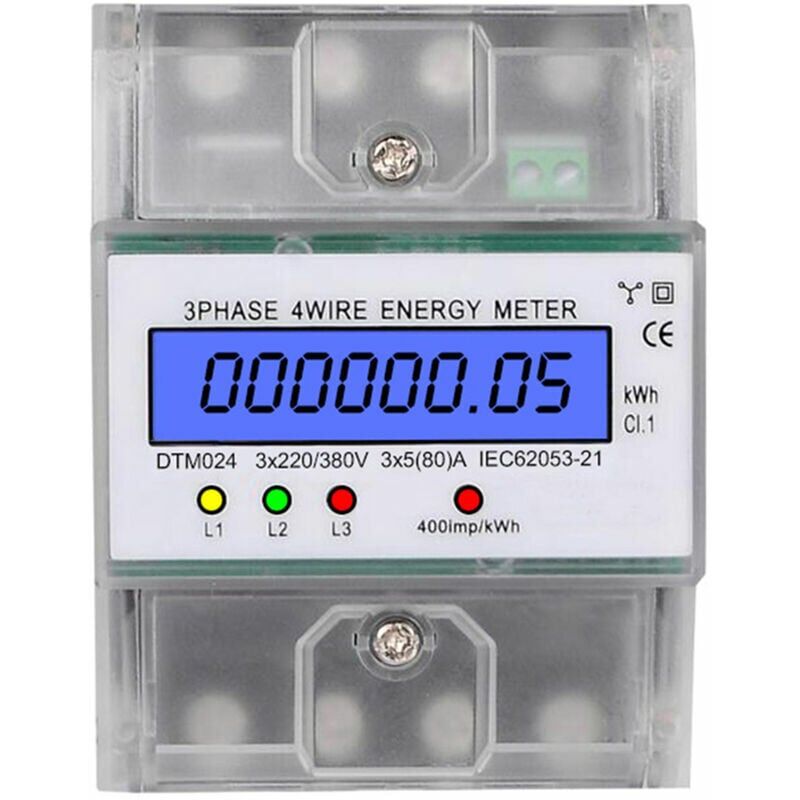 foto del prodotto display lcd con retroilluminazione fasi a 4 fili 220 380v 5 80a consumo energetico contatore kwh installazione su guida din contatore digitale di