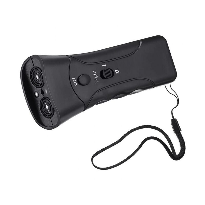 foto del prodotto dispositivo di autodifesa anti-cane ad ultrasuoni 3 in 1, torcia led, nero repulsore per cani a due teste