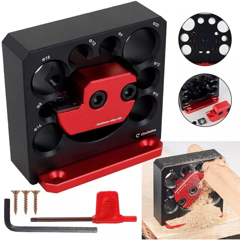 foto del prodotto dispositivo per la creazione di tasselli regolabile in lega di alluminio a 8 fori, trapano elettrico, fresatura di barre tonde in legno massello,