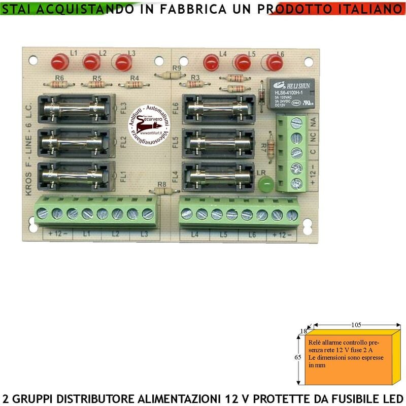 foto del prodotto distributore alimentazione 12 v divise in 2 gruppi con 6 uscite protette da fusibile segnalazione interruzione singola e anomalia generale tramite