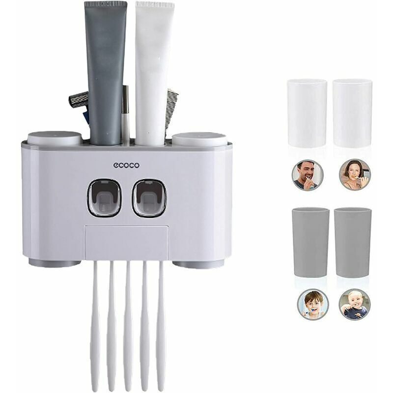foto del prodotto distributore automatico di dentifricio e set portaspazzolino con montaggio a parete mani libere 2 spremi dentifricio con 5 spazzolini set con 4