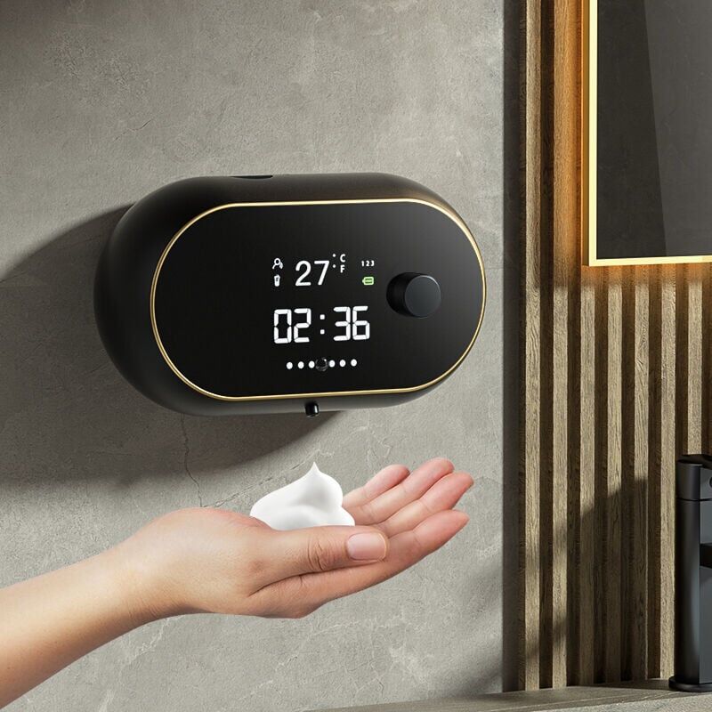 foto del prodotto distributore automatico di sapone in schiuma nero, display di tempo e temperatura, ricarica usb, induzione del corpo umano