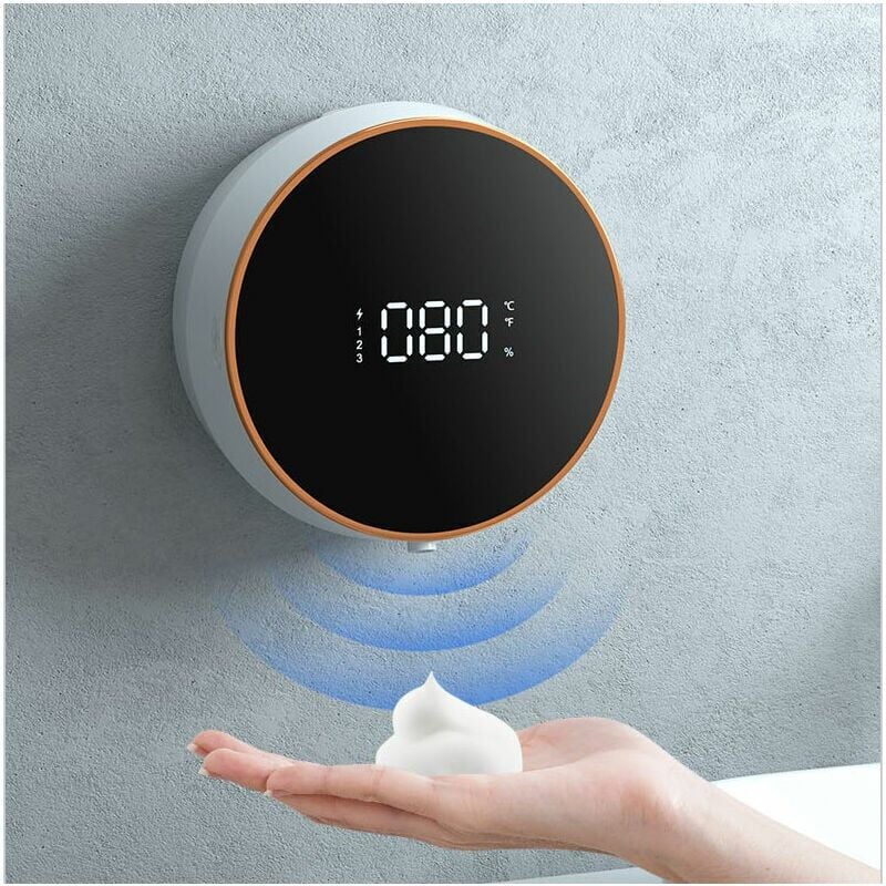 foto del prodotto distributore automatico di sapone schiumogeno da parete bianco da 300 ml, ricaricabile, 3 impostazioni, rilevamento della temperatura