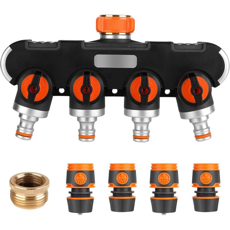 foto del prodotto distributore d'acqua a 4 vie - distributore d'acqua da 3 4' e 1 2' con valvola del rubinetto, collega due dispositivi contemporaneamente, flusso