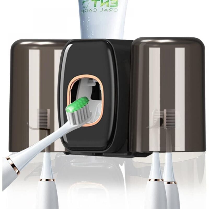 foto del prodotto distributore di dentifricio a parete con porta spazzolino, spremiagrumi automatico per dentifricio, porta spazzolino da 2 tazze nero