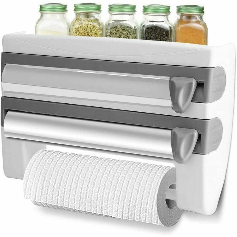 foto del prodotto distributore di fogli di alluminio e pellicola trasparente, dotato di lame affilate e ripiano portaoggetti questo accessorio da cucina adatto per