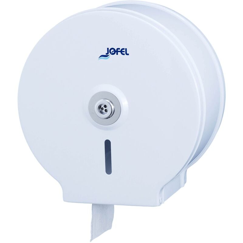 foto del prodotto distributore di rotoli di carta igienica industriale piccolo, rotoli di carta fino a 200 m, diametro massimo 190 mm, mandrino da 18 a 55 mm, corpo in acciaio laminato bianco, classic ae12400 - jofel