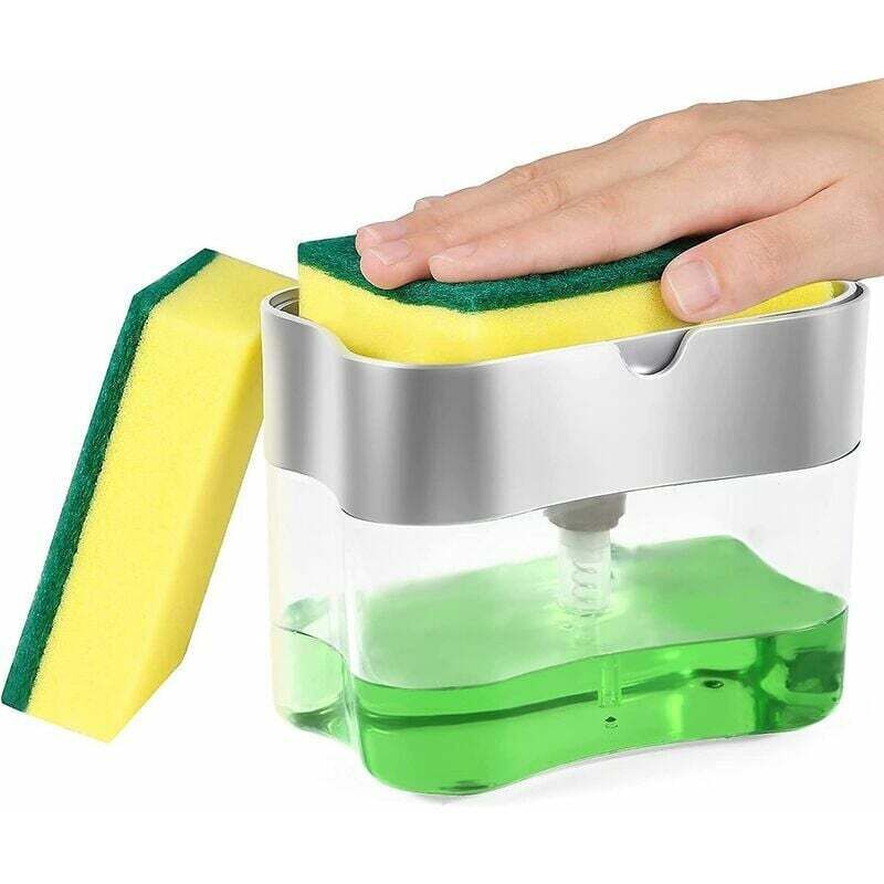 foto del prodotto distributore di sapone da cucina, pompa per sapone a pressione con una mano, distributore automatico di liquidi, spazzola per piatti da cucina,
