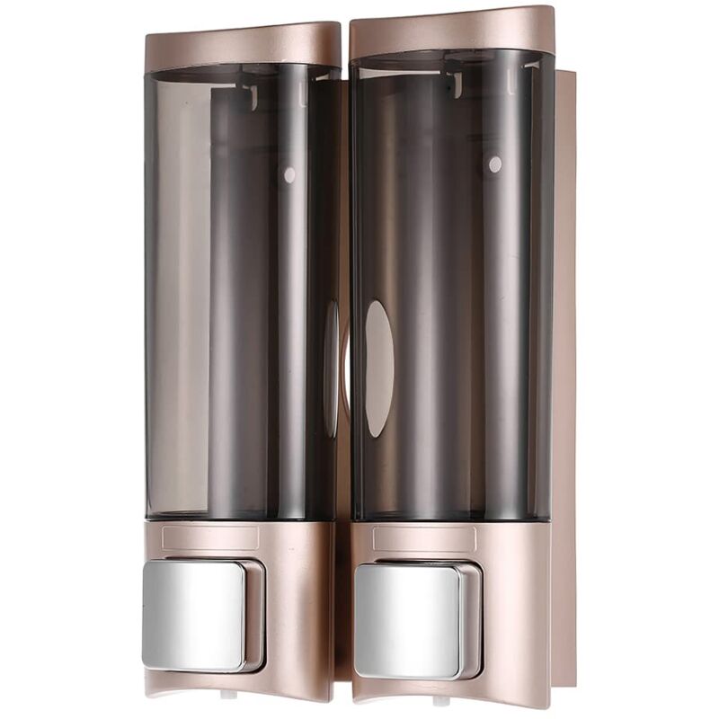 foto del prodotto distributore di sapone doppio con corpo trasparente, flaconi ricaricabili, montaggio a parete per bagno e cucina, dispenser di sapone manuale con