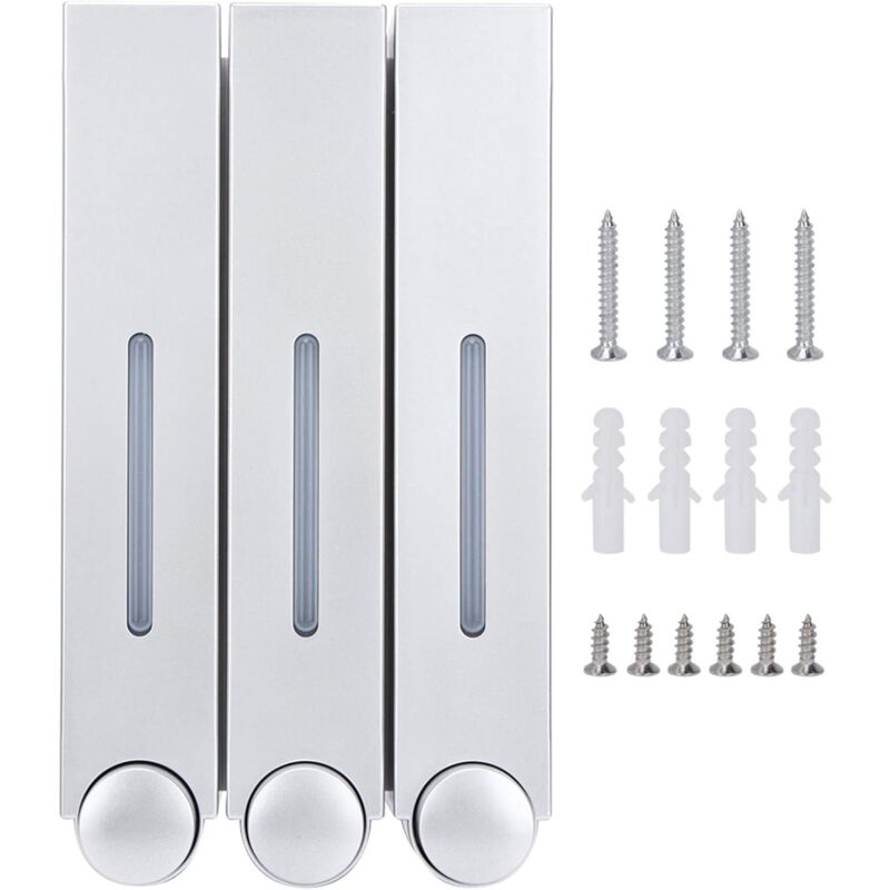 foto del prodotto distributore di sapone liquido 420 ml x 3 dispenser di shampoo a tre teste, montaggio a parete, 28 x 15,3 x 9 cm 6028 argento, tre tazze sollbry