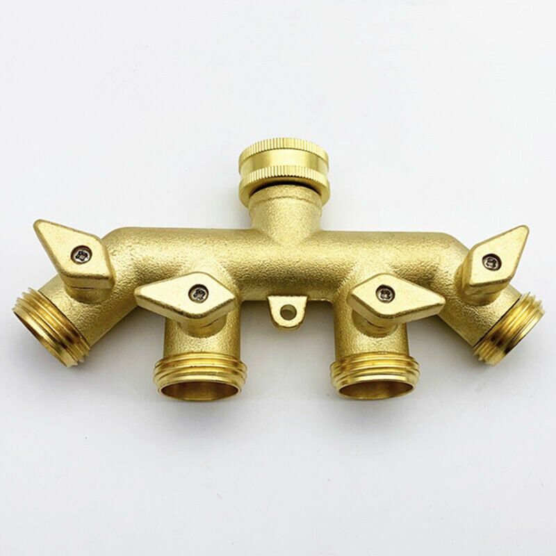 foto del prodotto distributore di tubo flessibile 4 vie , adattatore divisore a quattro vie per irrigazione in ottone, connettore per rubinetto con valvola a sfera