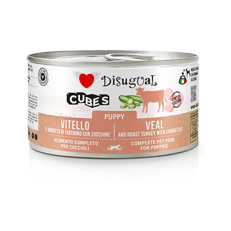 foto del prodotto disugual cane cubes lattina 150gr puppy arrosto di vitello tacchino e zucchine