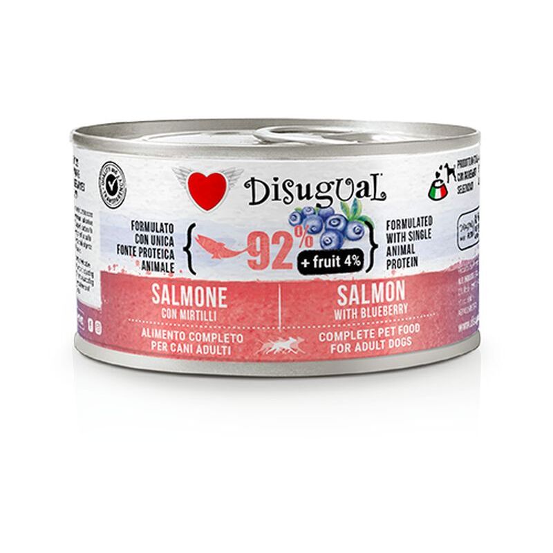 foto del prodotto disugual cane fruit pat monoprotein lattina 150gr salmone e mirtilli