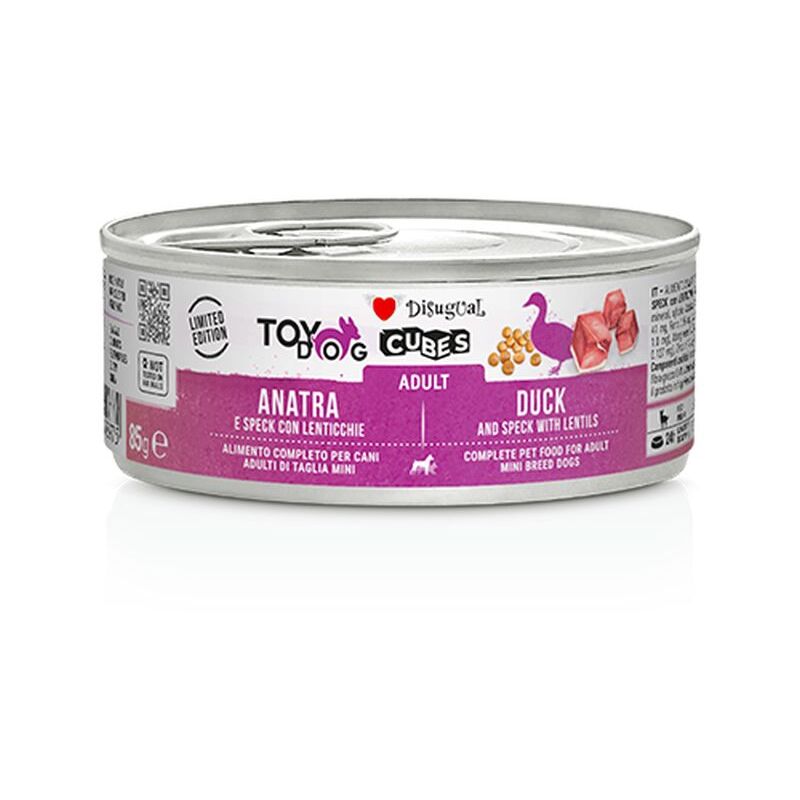 foto del prodotto disugual toydog cubes lattina 85gr anatra e speck con lenticchie