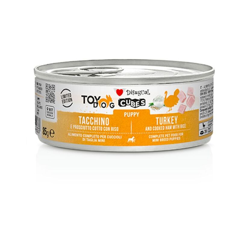 foto del prodotto disugual toydog cubes lattina 85gr puppy tacchino e prosciutto cotto con riso