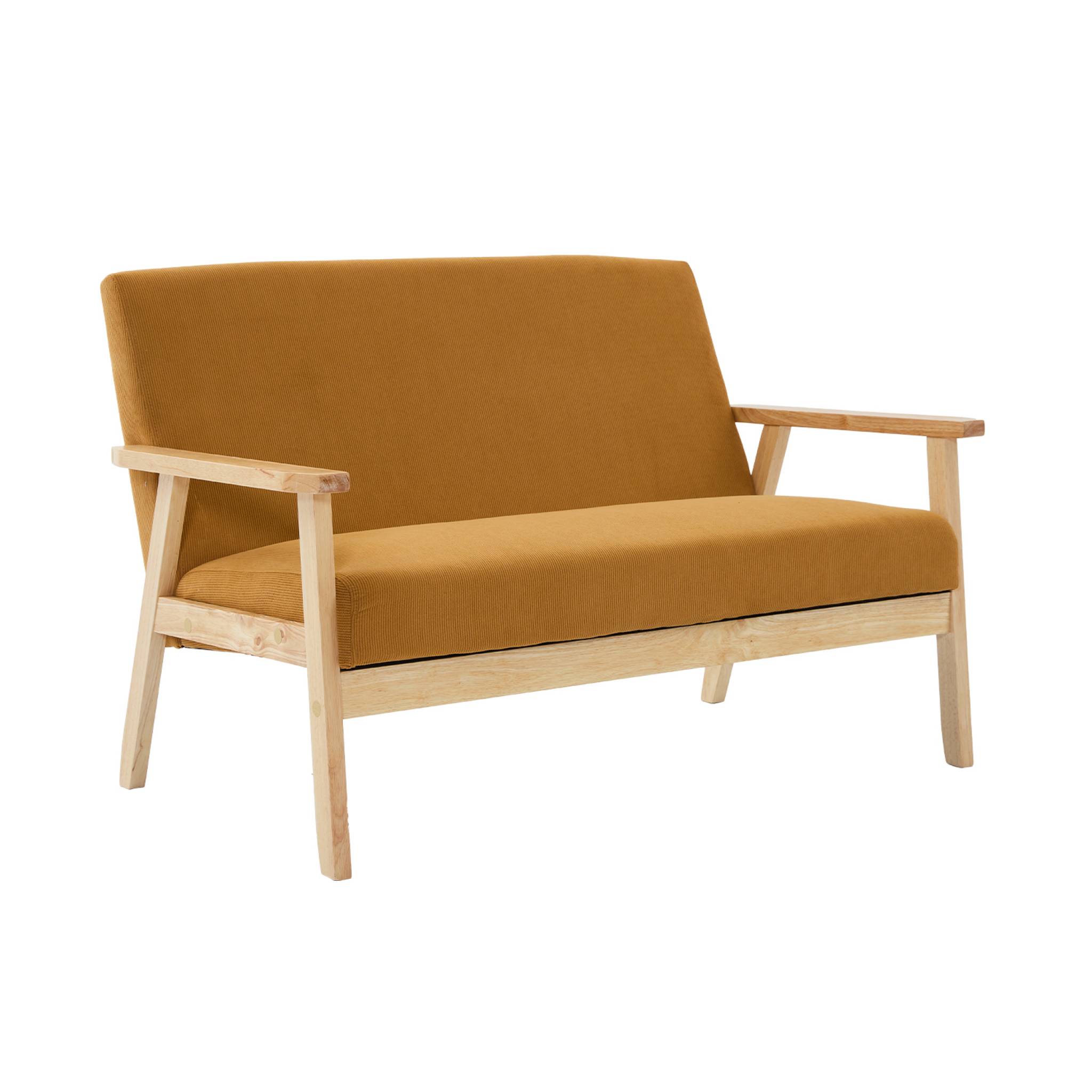 foto del prodotto divanetto a 2 posti in velluto a coste con gambe in legno, mostarda