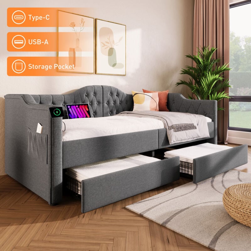 foto del prodotto divanetto imbottito divano letto letti contenitore struttura letto con funzione di ricarica usb tipo c e 2 cassetti 90x190 cm in lino grigio senza