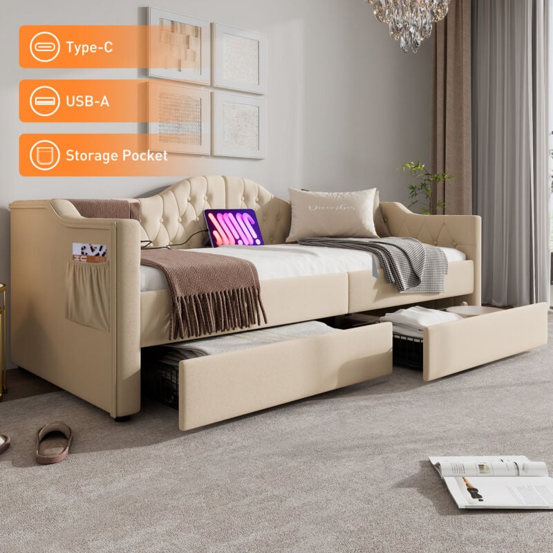 foto del prodotto divanetto imbottito divano letto letti contenitore struttura letto con funzione di ricarica usb tipo c e 2 cassetti 90x200 cm velluto in velluto