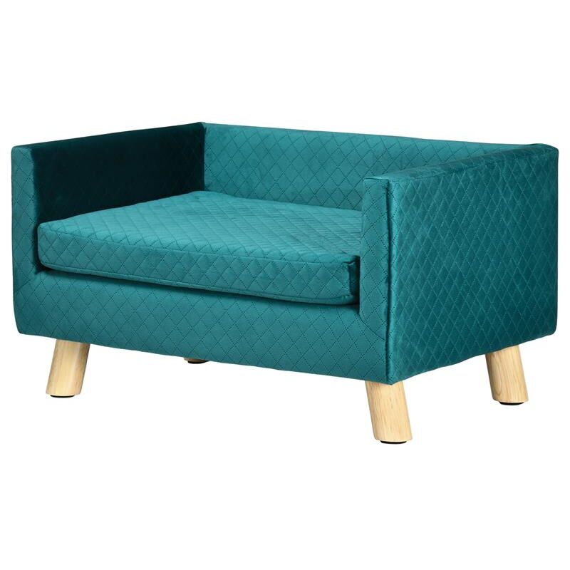 foto del prodotto divanetto per cani e gatti stile scandinavo con cuscino imbottito in velluto e legno. 64x45x36cm. blu