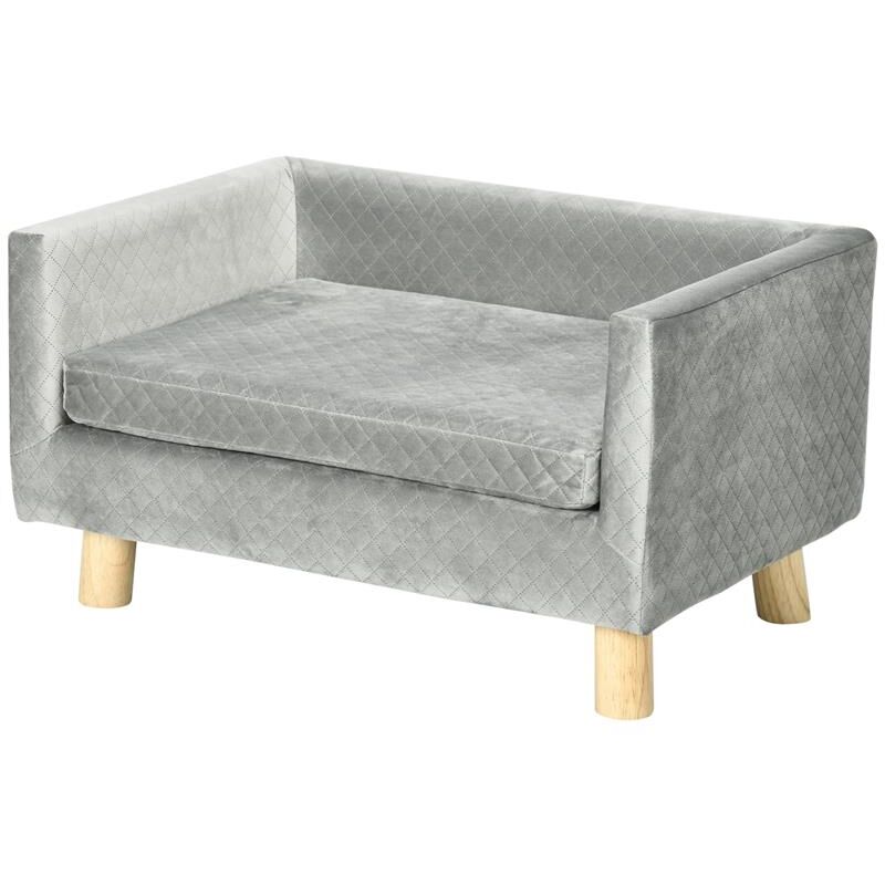 foto del prodotto divanetto per cani e gatti stile scandinavo con cuscino imbottito in velluto e legno. 64x45x36cm. grigio