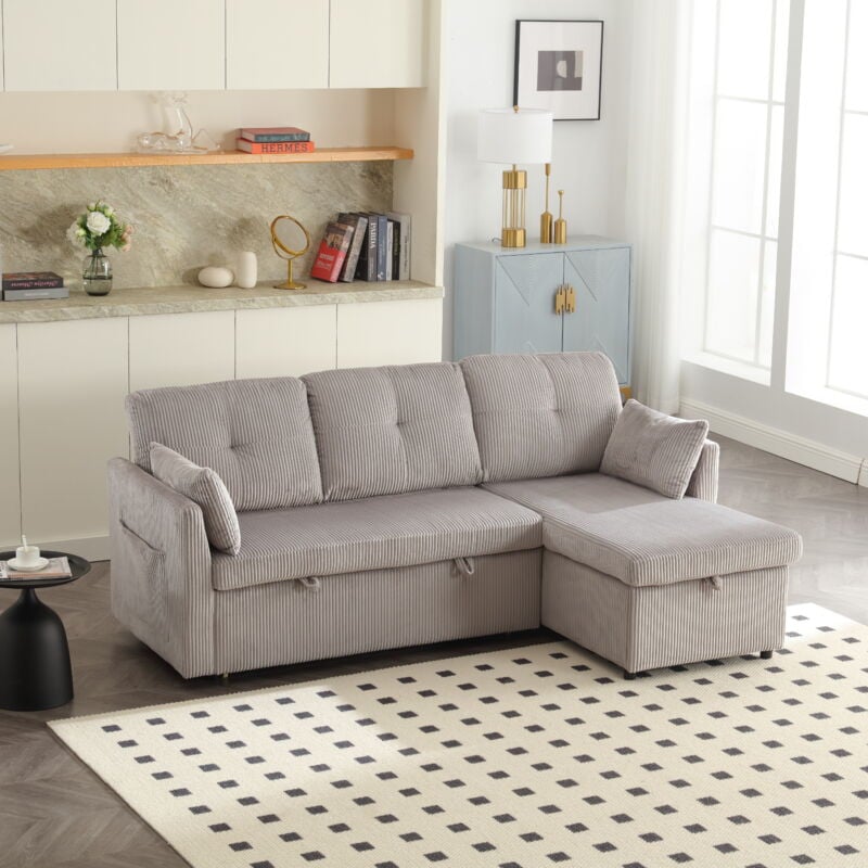 foto del prodotto divani angolari 206x130x66 (88) cm con 1 vano contenitore e letti estraibile, 3 posti, divani letti, velluto, grigio chiaro