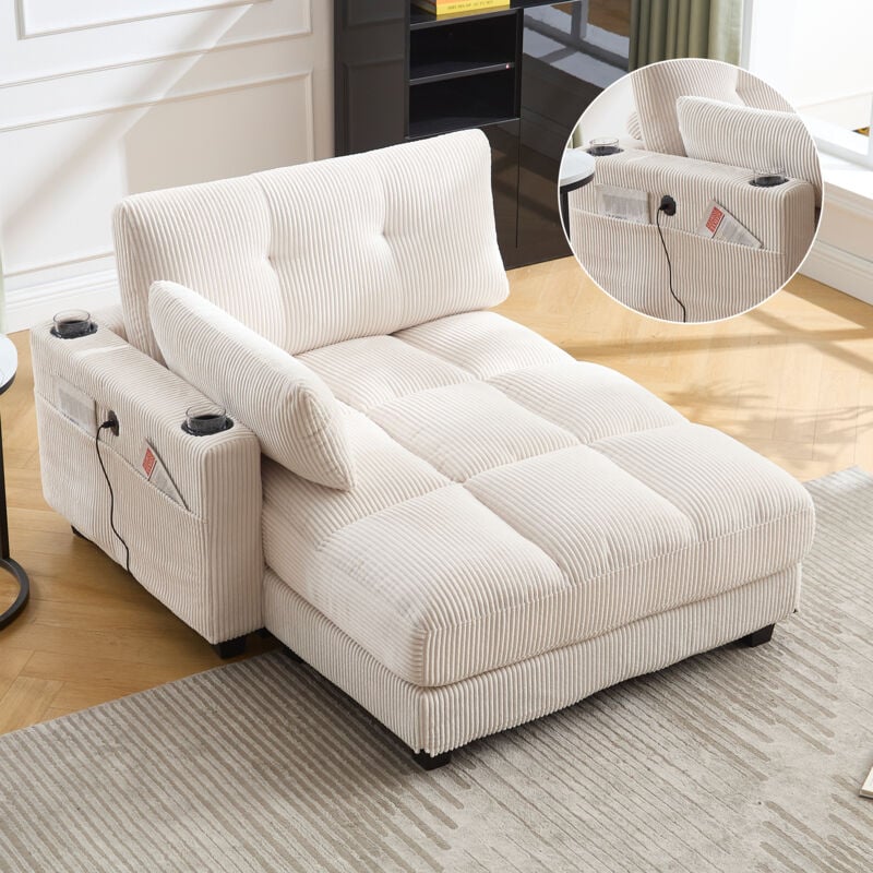 foto del prodotto divani dritti 112x140x81cm divano letto singolo, poltrona con tasche laterali e portabicchieri, velluto, beige