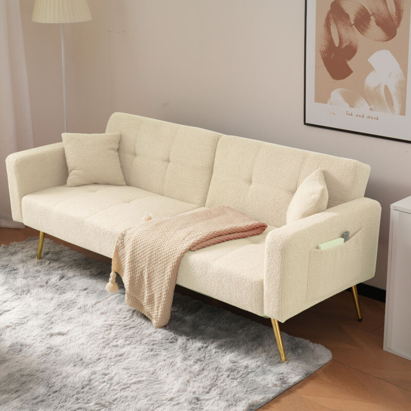 foto del prodotto divani dritti 175x64x72cm con cuscini e tasche laterali, schienale regolabile, 2 posti, gambe dorate, moderno, tessuto sherpa, beige