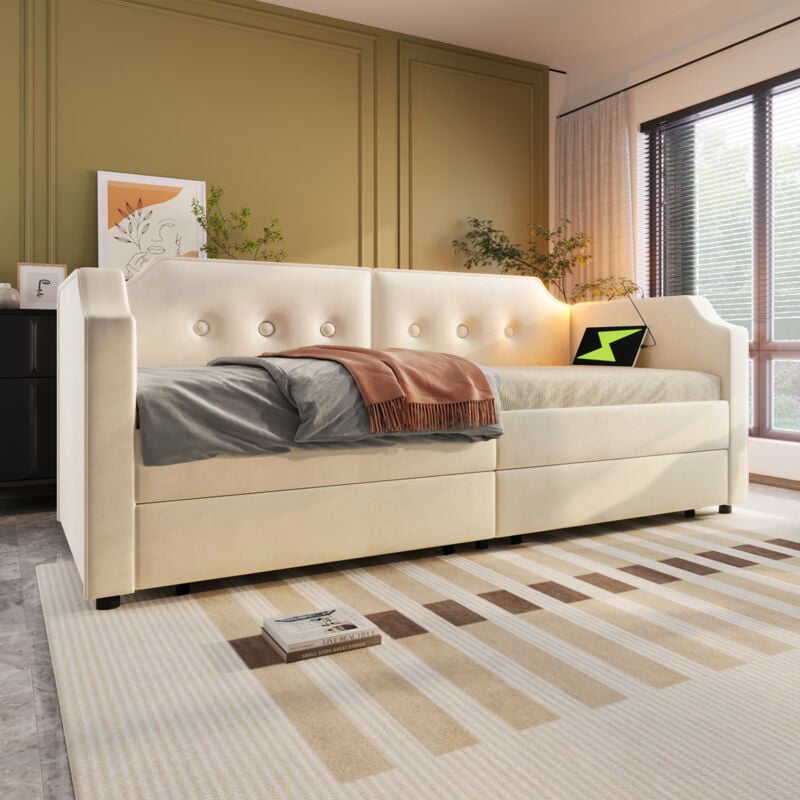 foto del prodotto divani letti imbottito 90x200 cm, e reader usb, 2 cassetti, letto per bambini, letto per ragazzi, velluto, senza materasso, beige