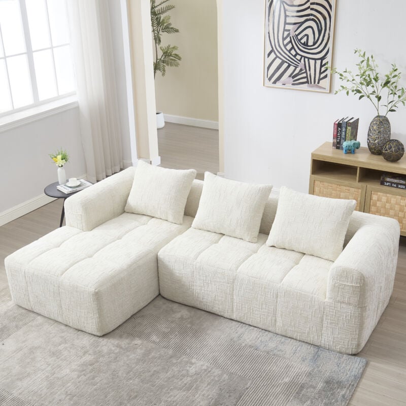 foto del prodotto divani, poltrona con cuscini, tessuto ciniglia, beige, divano angolare, divano 3 posti, 250x158x60cm