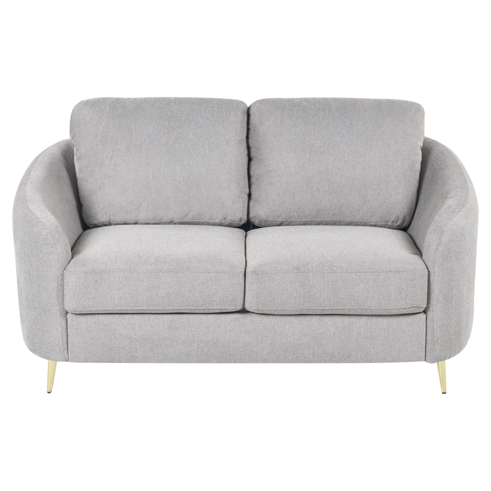 foto del prodotto divano 2 posti in tessuto grigio con piedi dorati curve morbide stile glamour elegante soggiorno